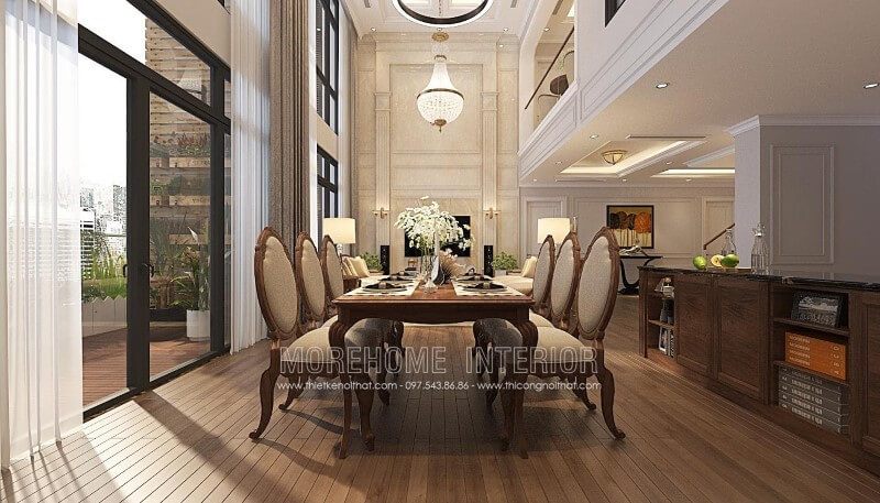 Bộ bàn ăn 6 ghế gỗ óc chó bọc nỉ phong cách tân cổ điển đẹp cao cấp cho căn hộ duplex, penthouse