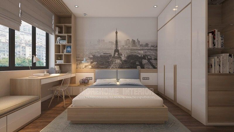 Tranh dán tường đen trắng cao cấp ấn tượng với địa danh tháp Effel nổi tiếng, lựa chọn ấn tượng cho tâm điểm phòng ngủ hiện đại.