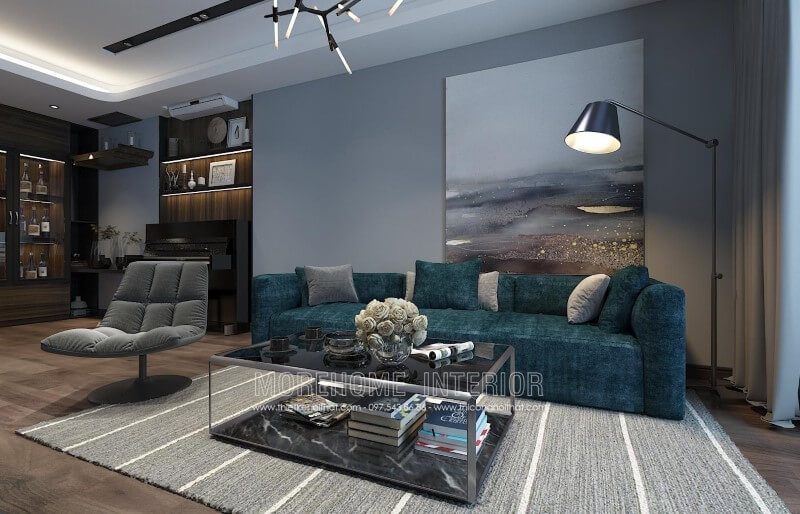 Sofa hiện đại bọc nỉ màu xanh làm cho phòng khách trở nên đơn giản nhưng vẫn tạo nên vẻ đẹp.