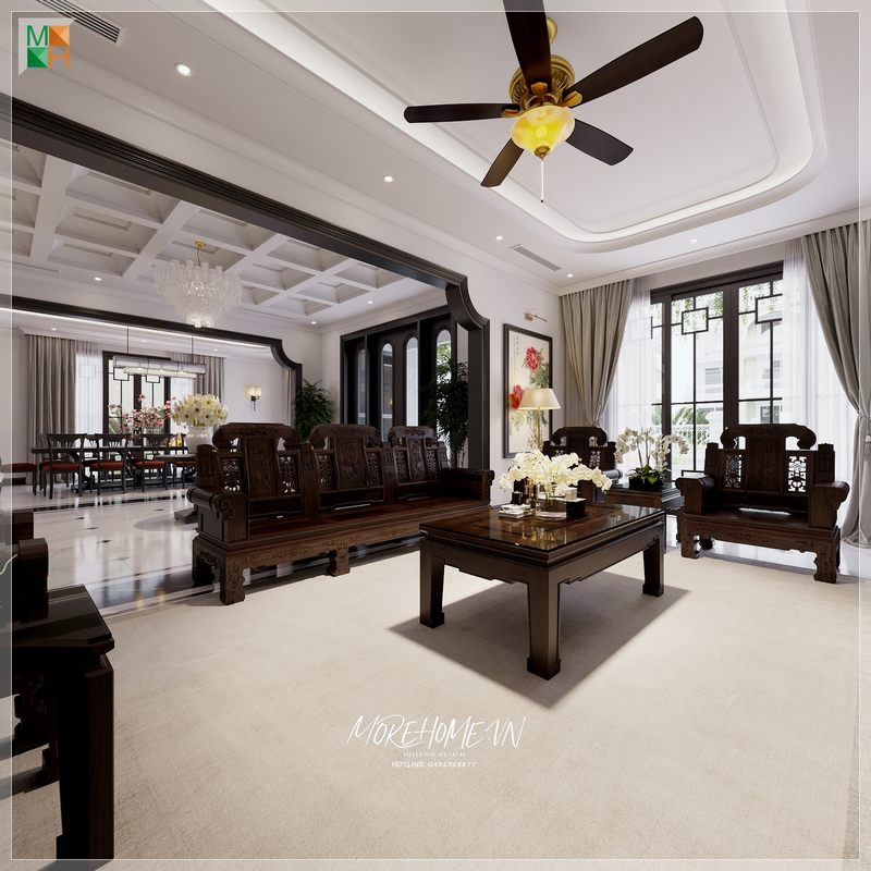 Sự hài hòa về màu sắc và giá trị thẩm mỹ của không gian sống trong căn phòng được tạo nên bởi bộ bàn ghế phòng khách với chất liệu gỗ óc chó.